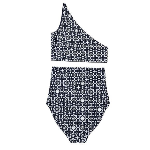 Baiia Two Piece Bikini Womens 12 White Navy One Shoulder Reversible High Waist - Picture 2 of 12